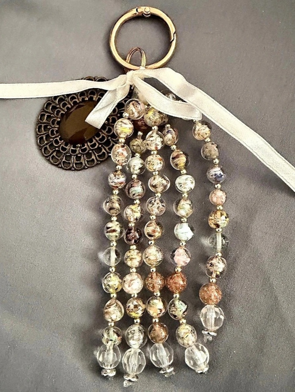 Beaded Ribbon Keychain in Gold & Multicolor
